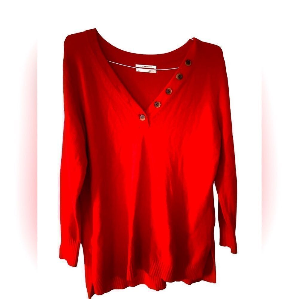 Anthropologie Red V-neck Sweater Button Detail Medium Tunic Length - Picture 2 of 16